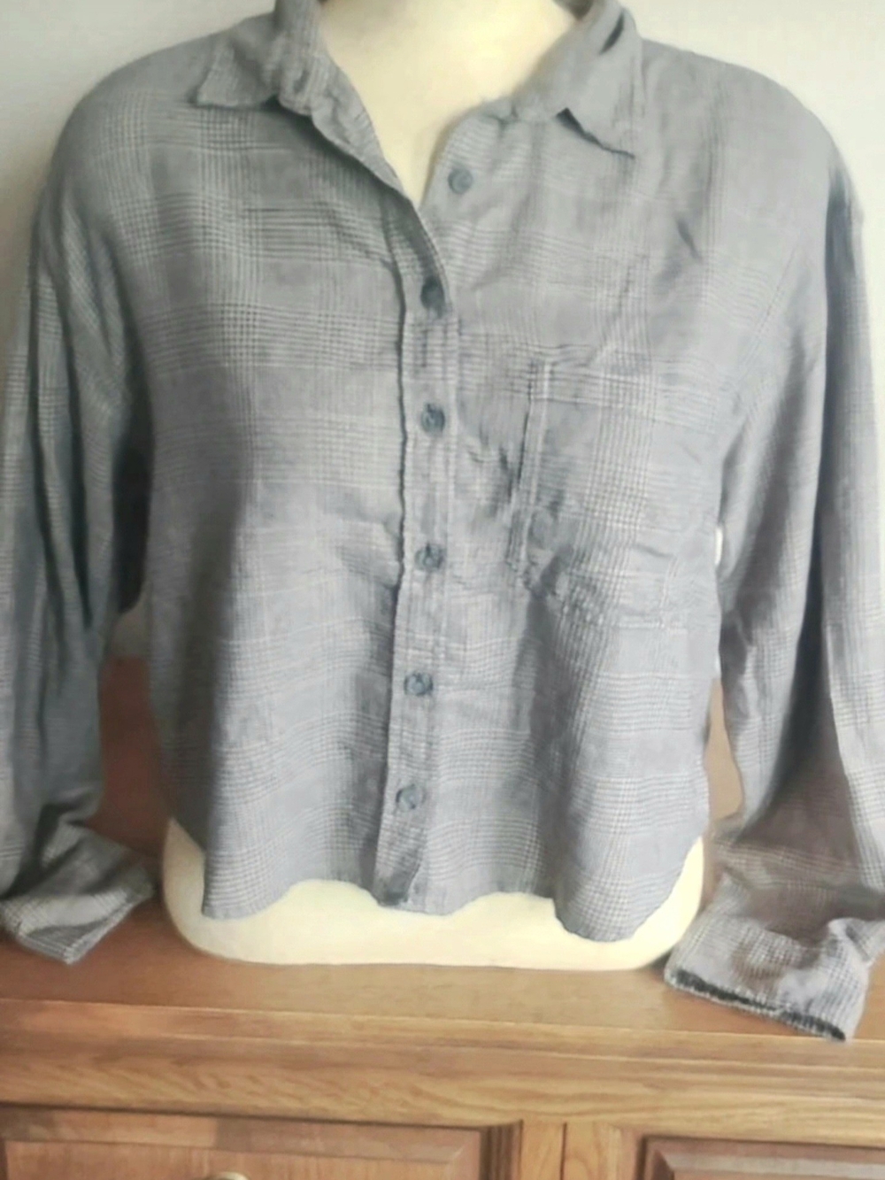Light Gray Plaid Button-Front Women's Shirt